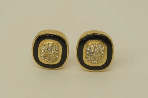 AUTHENTIC CHRISTIAN DIOR GP CLIP EARRINGS BLACK STRIPE SQUARE RHINESTONE JEWELRY (1 of 2)