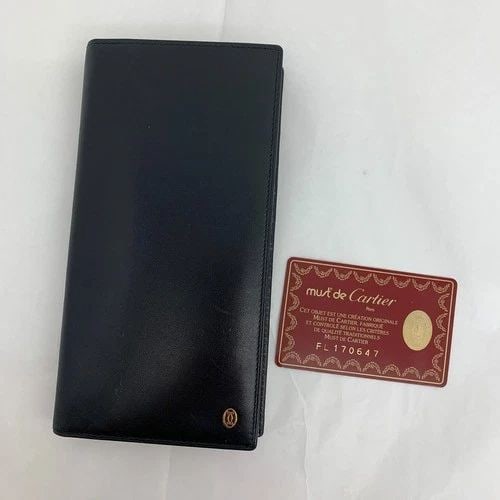 AUTHENTIC CARTIER BLACK LEATHER FOLD OVER WALLET GOLD LOGO VINTAGE MULTI POCKET: AUTHENTIC CARTIER BLACK LEATHER FOLD OVER WALLET GOLD LOGO VINTAGE MULTI POCKET AUTHENTIC CARTIER BLACK LEATHER FOLD OVER WALLET GOLD LOGO VINTAGE MULTI POCKET
