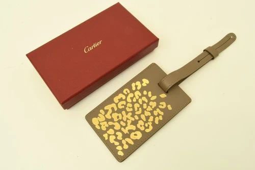 AUTHENTIC CARTIER DANGLING LEATHER ANIMAL PRINT GRAY/BROWN LUGGAGE TAG ACCESSORY (1 of 2)