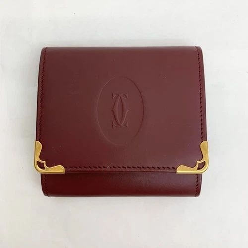 AUTHENTIC CARTIER VINTAGE LEATHER SQUARE CLIP COIN CASE WALLET BURGUNDY DECOR 3: AUTHENTIC CARTIER VINTAGE LEATHER SQUARE CLIP COIN CASE WALLET BURGUNDY DECOR 3 AUTHENTIC CARTIER VINTAGE LEATHER SQUARE CLIP COIN CASE WALLET BURGUNDY DECOR 3 Must de Cartier Double C Decor Zip Closu