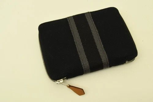 AUTHENTIC HERMES BLACK ZIP CASE SOFT WALLET POUCH GRAY STRIPE LEATHER TAB (1 of 2)