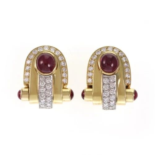 GORGEOUS EARRINGS 8 CARATS CABOCHON RUBY & DIAMOND 18K GOLD POST CLIP: GORGEOUS EARRINGS 8 CARATS CABOCHON RUBY & DIAMOND 18K GOLD POST CLIP Gorgeous 8 Carats Cabochon Ruby & Diamond 18k Gold Post Clip Earrings Description This is a fabulous pair of Estate earrings, they