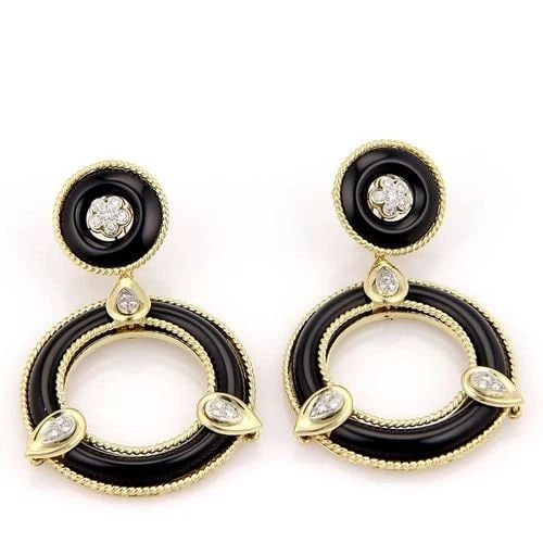 DIAMOND GOLD ONYX EARRINGS 18K YELLOW DANGLE HOOP STYLE (1 of 2)