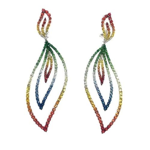 SAPPHIRE GOLD LONG EARRINGS 18K WHITE MULTICOLOR DROP LEAF STYLE: SAPPHIRE GOLD LONG EARRINGS 18K WHITE MULTICOLOR DROP LEAF STYLE These gorgeous eye-catching long dangle earrings are crafted from 18k white gold. The top has post omega backs with an open leaf shape 