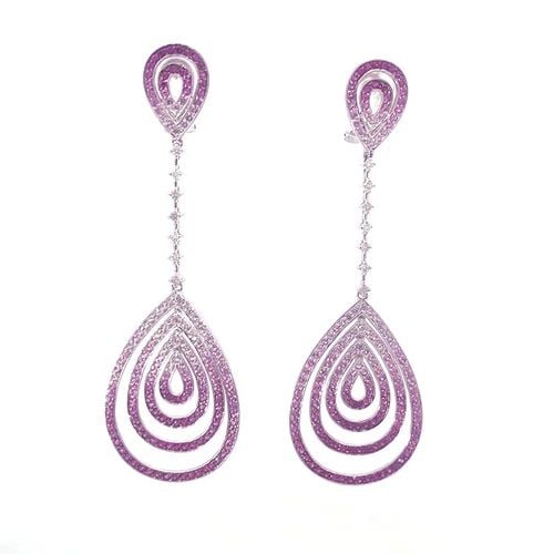 DIAMOND SAPPHIRE GOLD EARRINGS 18K LONG DANGLE TEARDROP STYLE: DIAMOND SAPPHIRE GOLD EARRINGS 18K LONG DANGLE TEARDROP STYLE These gorgeous long drop dangle earrings are crafted from 18k white gold featuring 2 row teardrop top with deep to light pink sapphires, b