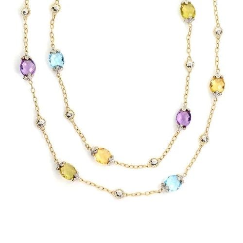 DIAMOND MULTICOLOR GEMS 14K TWO TONE GOLD FLORAL FANCY LINK NECKLACE 37"LONG: DIAMOND MULTICOLOR GEMS 14K TWO TONE GOLD FLORAL FANCY LINK NECKLACE 37"LONG Diamond Multicolor Gems 14k Two Tone Gold Floral Fancy Link Necklace 37"Long Description This beautiful necklace is crafted
