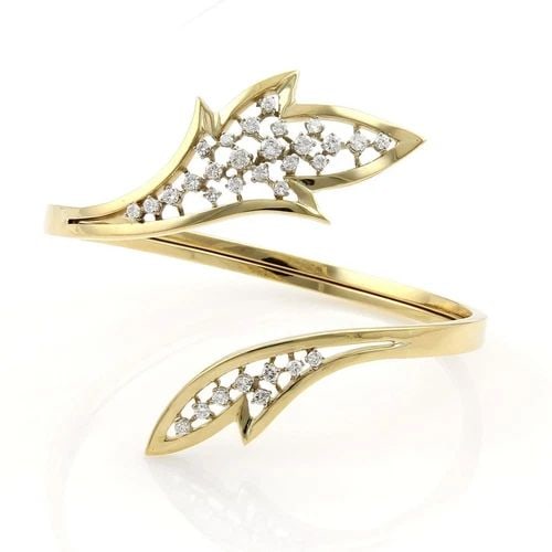 DIAMOND GOLD BRACELET 18K YELLOW OPEN LEAF DESIGN BYPASS BAND (1 of 2)