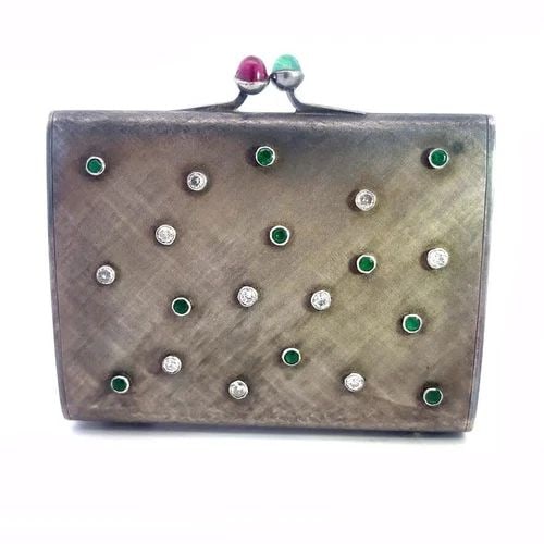 DIAMOND COMPACT MIRROR PURSE STERLING SILVER EMERALD & RUBY RARE W/CASE VINTAGE (1 of 2)