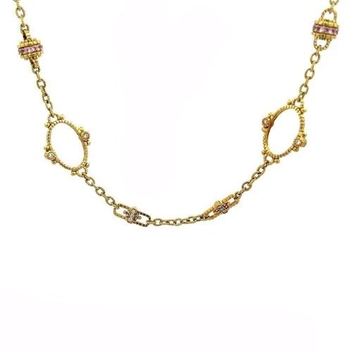 JUDITH RIPKA DIAMOND NECKLACE 18K GOLD PINK TOPAZ OVAL MOTIFS: JUDITH RIPKA DIAMOND NECKLACE 18K GOLD PINK TOPAZ OVAL MOTIFS This authentic fashionable textured oval link chain necklace is by Judith Ripka, it is crafted from 18k yellow gold featuring 4 open style