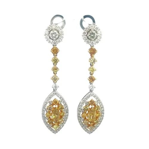 DIAMOND YELLOW & WHITE GOLD EARRINGS 17-18K TWO TONE FLORAL DANGLE STYLE: DIAMOND YELLOW & WHITE GOLD EARRINGS 17-18K TWO TONE FLORAL DANGLE STYLE This gorgeous eye-catching pair of earrings are crafted with a mixture of 17 and 18k yellow and white gold, it has a white gold