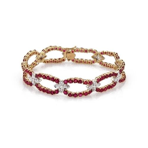 BRACELET DIAMOND & GEMSTONES 14K TWO TONE GOLD OPEN OVAL LINK ESTATE (1 of 2)