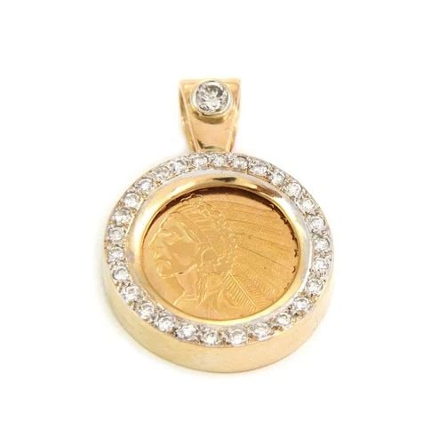 22K INDIAN HEAD GOLD COIN 14K GOLD WITH DIAMONDS ROUND PENDANT ESTATE: 22K INDIAN HEAD GOLD COIN 14K GOLD WITH DIAMONDS ROUND PENDANT ESTATE The 22k Indian Head Gold Coin 14k Gold with Diamonds Round Pendant is a stunning piece of fine jewelry featuring a unique coin bez