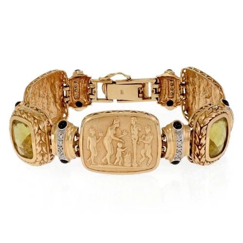 14K BRACELET FIGURE PANEL MYTHOLOGICAL SCENE WITH DIAMONDS AND GEMSTONES: 14K BRACELET FIGURE PANEL MYTHOLOGICAL SCENE WITH DIAMONDS AND GEMSTONES Estate Diamond Gems 14k Two Tone Gold 3 Figure Panel Wide Fancy Bracelet Description This is a unique style bracelet, crafted f