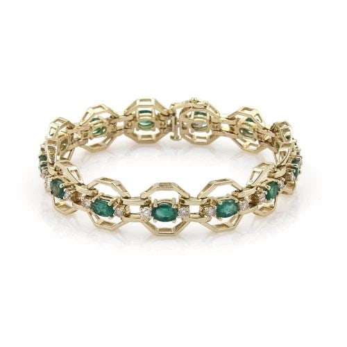 ESTATE 7.90CTW DIAMOND & EMERALD 14K YELLOW GOLD OCTAGON LINK BRACELET: ESTATE 7.90CTW DIAMOND & EMERALD 14K YELLOW GOLD OCTAGON LINK BRACELET Estate 7.90ctw Diamond & Emerald 14k Yellow Gold Octagon Link Bracelet Description This gorgeous Estate bracelet is crafted from 