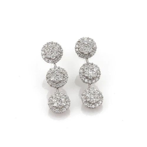3.00 CARATS DIAMOND 18K WHITE GOLD TRIPLE ROSETTE LONG DANGLE EARRINGS: 3.00 CARATS DIAMOND 18K WHITE GOLD TRIPLE ROSETTE LONG DANGLE EARRINGS 3.00 Carats Diamond 18k White Gold Triple Rosette Long Dangle Earrings Description This beautiful pair of earrings are crafted fr