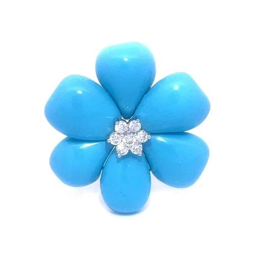 TURQUOISE DIAMOND GOLD BROOCH 14K YELLOW FLOWER DESIGN: TURQUOISE DIAMOND GOLD BROOCH 14K YELLOW FLOWER DESIGN This 14k yellow gold brooch features a beautiful flower frame with pear shaped turquoise stone petals and has white gold round prong set diamonds