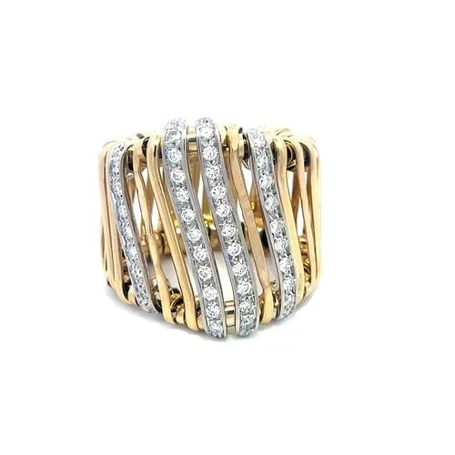 ORLANDINI DIAMOND GOLD RING 18K YELLOW WIDE OPEN STYLE FLEX BAND BREV: ORLANDINI DIAMOND GOLD RING 18K YELLOW WIDE OPEN STYLE FLEX BAND BREV This is a gorgeous Orlandini ring. It is an Italian design, crafted from 18k yellow gold with white gold accent featuring a 26mm w