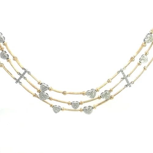 DIAMOND GOLD COLLAR NECKLACE 14K TWO TONE 3 STRAND SWAG STYLE HEART MOTIFS: DIAMOND GOLD COLLAR NECKLACE 14K TWO TONE 3 STRAND SWAG STYLE HEART MOTIFS This gorgeous swag style necklace is a sophisticated piece that marries elegance with modern style. Crafted in 14k yellow and