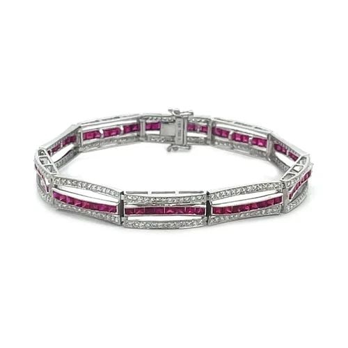 DIAMOND RUBY GOLD BRACELET 18K WHITE RECTANGLE BAR LINK STYLE (1 of 2)