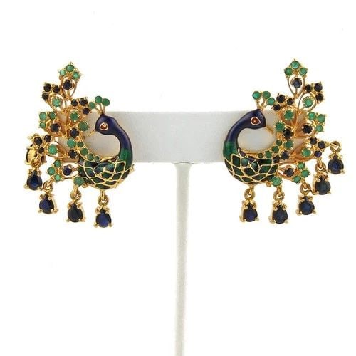 GOLD & GEMS PEACOCK EARRINGS 22K YELLOW ENAMEL POST CLIP DANGLE STYLE (1 of 2)