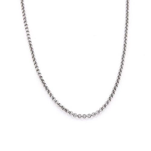 CHOPARD 18K WHITE GOLD 3.5MM ROLO LINK CHAIN 17" LONG: CHOPARD 18K WHITE GOLD 3.5MM ROLO LINK CHAIN 17" LONG 66796 Chopard White Gold 3.5mm Rolo Link Chain 17" Long Description This authentic rolo link chain is by Chopard, it is crafted from 18k white gol