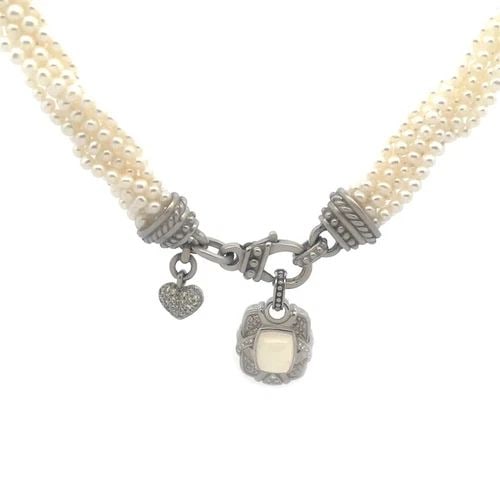 JUDITH RIPKA DIAMOND PEARLS NECKLACE 18K WHITE GOLD TORSADE 8 STRAND: JUDITH RIPKA DIAMOND PEARLS NECKLACE 18K WHITE GOLD TORSADE 8 STRAND This beautiful authentic necklace is by Judith Ripka, it has 8 strands of shimmering white pearls attached to a large 18k white gol