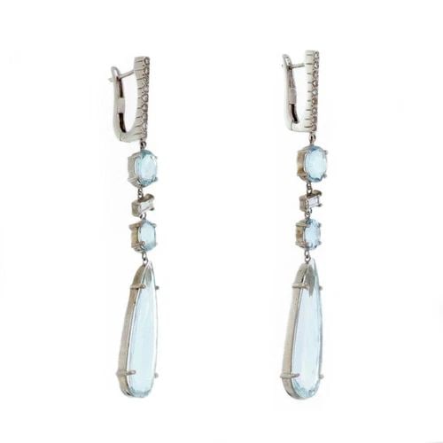 EARRINGS DIAMOND & BLUE GEMSTONES 18K WHITE GOLD DANGLE EARRINGS ESTATE (1 of 2)