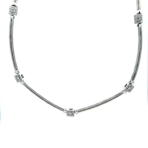 PHILIPPE CHARRIOL DIAMOND 18K WHITE GOLD CUBE MOTIFS DOUBLE CABLE NECKLACE: PHILIPPE CHARRIOL DIAMOND 18K WHITE GOLD CUBE MOTIFS DOUBLE CABLE NECKLACE This lovely authentic collar necklace is by Philippe Charriol, it is crafted from 18k white gold with a fine polished finish 