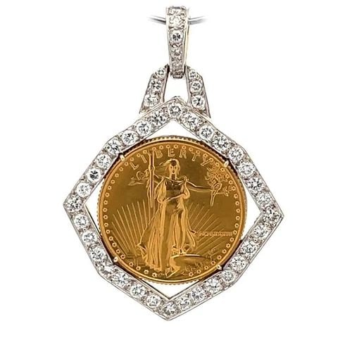 ESTATE DIAMOND 22K LIBERTY $10 GOLD COIN 18K GOLD OCTAGON FRAME PENDANT: ESTATE DIAMOND 22K LIBERTY $10 GOLD COIN 18K GOLD OCTAGON FRAME PENDANT This lovely pendant is crafted from 18k yellow gold with white gold accent featuring an octagonal shape frame in yellow gold wit