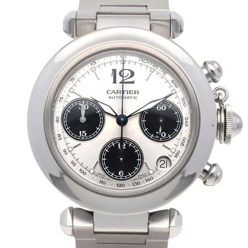 CARTIER PASHA C CHRONOGRAPH WRISTWATCH STEEL SILVER DIAL AUTOMATIC #2412: CARTIER PASHA C CHRONOGRAPH WRISTWATCH STEEL SILVER DIAL AUTOMATIC #2412 This is an authentic Cartier Pasha C Chronograph Wristwatch, a seamless blend of functionality and luxury. The 36mm stainless s