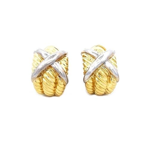 DAVID YURMAN GOLD X HUGGIE EARRINGS 18K TWO TONE TRIPLE CABLE STYLE: DAVID YURMAN GOLD X HUGGIE EARRINGS 18K TWO TONE TRIPLE CABLE STYLE This is a lovely pair of authentic earrings by David Yurman from the Cable X Collection, it is crafted from 18k yellow gold with whi