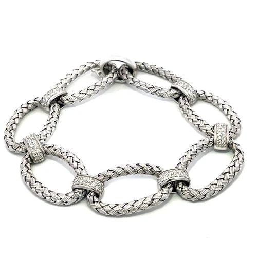 DIAMOND GOLD OVAL LINK BRACELET 18K WHITE SILK BASKET WEAVE STYLE (1 of 2)