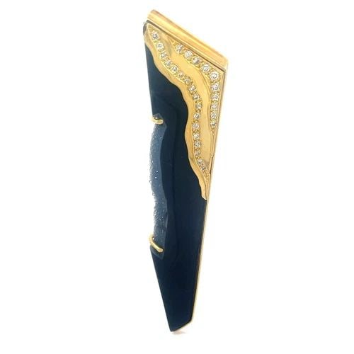 DIAMOND BLACK AGATE GOLD PENDANT/PIN 18K YELLOW LARGE WAVE DESIGN: DIAMOND BLACK AGATE GOLD PENDANT/PIN 18K YELLOW LARGE WAVE DESIGN This is a unique shape large pendant brooch, black agate long with an odd shape and filed on one edge to show agate crystal. The black