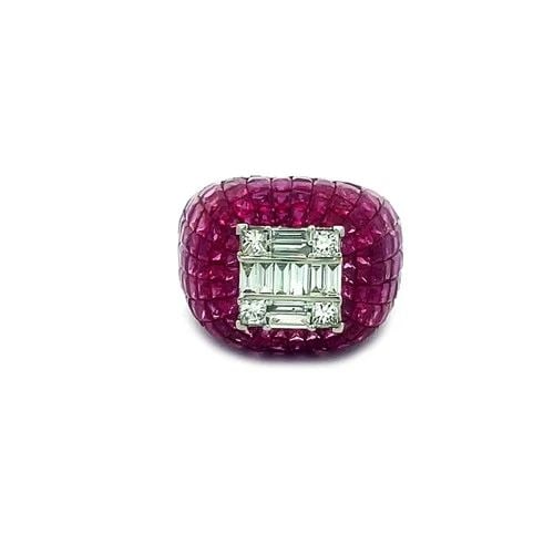 RUBY DIAMOND GOLD RING 10.6 CARAT 18K WHITE INVISIBLE SET DOME STYLE: RUBY DIAMOND GOLD RING 10.6 CARAT 18K WHITE INVISIBLE SET DOME STYLE This is an exquisite flat top dome shape ring, crafted from 18k white gold with a polished finish, the larger part of the ring is t