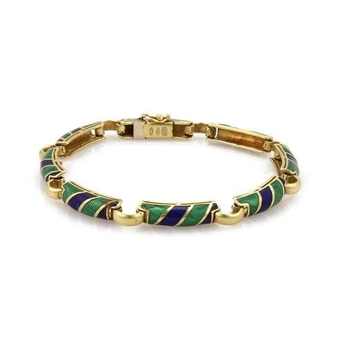 ENAMEL GOLD BRACELET 18K YELLOW CANDY STRIPE BAR LINK VINTAGE (1 of 2)