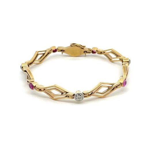 VICTORIAN BRACELET OLD MINE CUT DIAMOND RUBY 18K YELLOW GOLD RHOMBUS LINK: VICTORIAN BRACELET OLD MINE CUT DIAMOND RUBY 18K YELLOW GOLD RHOMBUS LINK Victorian Old Mine Cut Diamond Ruby 18k Yellow Gold Rhombus Link Bracelet Description This bracelet is from the Victorian Era,