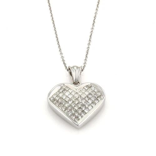 DIAMOND GOLD HEART NECKLACE 1.99CT PRINCESS CUT PENDANT 14K WHITE CHAIN: DIAMOND GOLD HEART NECKLACE 1.99CT PRINCESS CUT PENDANT 14K WHITE CHAIN This Diamond heart necklace features stunning princess cut diamond pendant set in 14k white gold with the oval link chain. The c