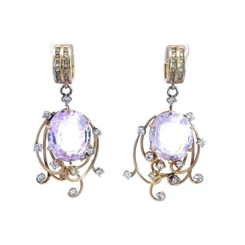 DIAMOND GOLD CHANDELIER EARRINGS KUNZITE 14K YELLOW WIRE DANGLE STYLE: DIAMOND GOLD CHANDELIER EARRINGS KUNZITE 14K YELLOW WIRE DANGLE STYLE This is a gorgeous chandelier earrings, it feature a beautiful prong set large oval shape faceted cut pink Kunzite stone set in 14