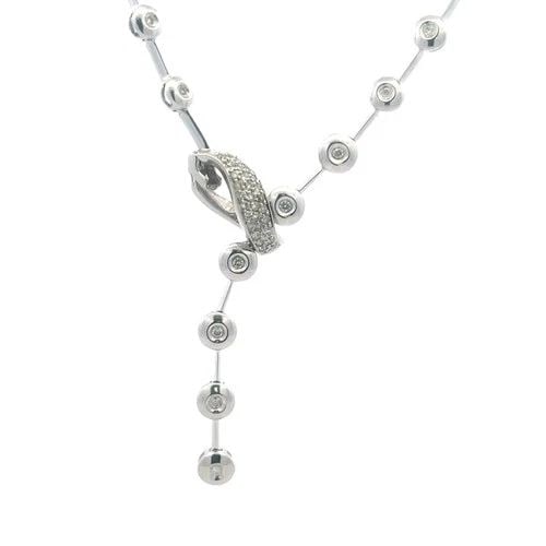 DIAMOND GOLD NECKLACE 14K WHITE PAVE SET DOT STATION BAR LINK LARIAT STYLE 25" L: DIAMOND GOLD NECKLACE 14K WHITE PAVE SET DOT STATION BAR LINK LARIAT STYLE 25" L The long lariat necklace is a stunning piece of fine jewelry featuring a lariat style with alternating short bar links 