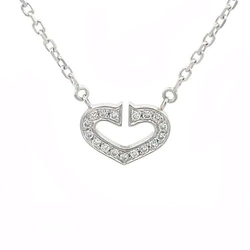 CARTIER C HEART DIAMOND PENDANT 18K WHITE GOLD NECKLACE CERT BOX: CARTIER C HEART DIAMOND PENDANT 18K WHITE GOLD NECKLACE CERT BOX Authentic from C de Cartier Collection by Cartier, this graceful Mini size necklace is crafted from 18k white gold featuring the open d