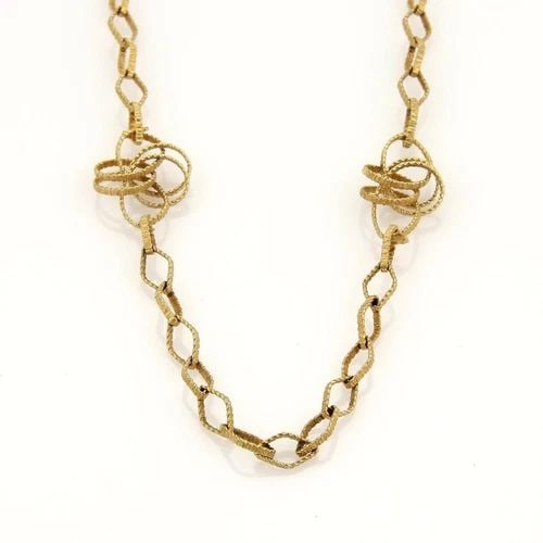 GOLD LONG NECKLACE 14K YELLOW MULTI-RING MOTIFS RHOMBUS LINK 39": GOLD LONG NECKLACE 14K YELLOW MULTI-RING MOTIFS RHOMBUS LINK 39" This gold long necklace features a 14k yellow multi-ring motifs fancy link design, measuring 39 inches in length. The vintage piece is 
