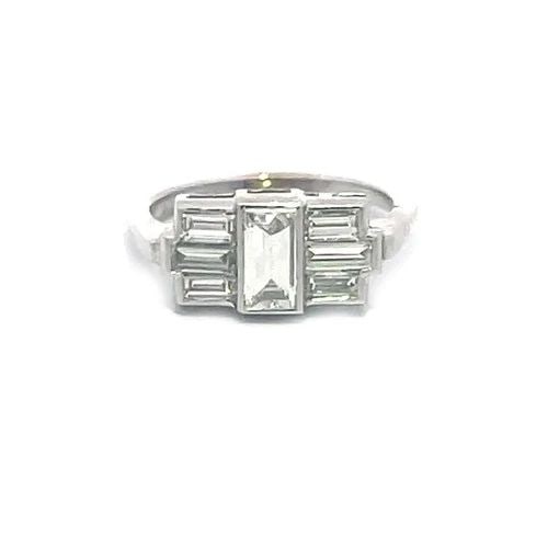 ART DECO DIAMOND RING PLATINUM GOLD RECTANGULAR CUT: ART DECO DIAMOND RING PLATINUM GOLD RECTANGULAR CUT This Art Deco Diamond Ring is a stunning piece of fine jewelry crafted with platinum and white gold. It features a beautiful rectangle shaped top wi