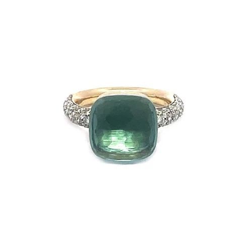 POMELLATO NUDO MAXI GOLD RING DIAMOND SKY BLUE TOPAZ 18K TWO TONE: POMELLATO NUDO MAXI GOLD RING DIAMOND SKY BLUE TOPAZ 18K TWO TONE The Pomellato Nudo ring in 18k rose and rhodium white gold is a fine piece of fine jewelry featuring cushion shape blue topaz gemstone