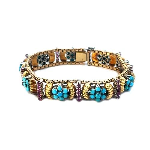 VINTAGE TURQUOISE GOLD BRACELET RUBY YELLOW FANCY FLORAL LINK 16K & 18K: VINTAGE TURQUOISE GOLD BRACELET RUBY YELLOW FANCY FLORAL LINK 16K & 18K This beautiful vintage bracelet is crafted with 16 and 18k yellow gold featuring slim box link chain on each end with a small ro