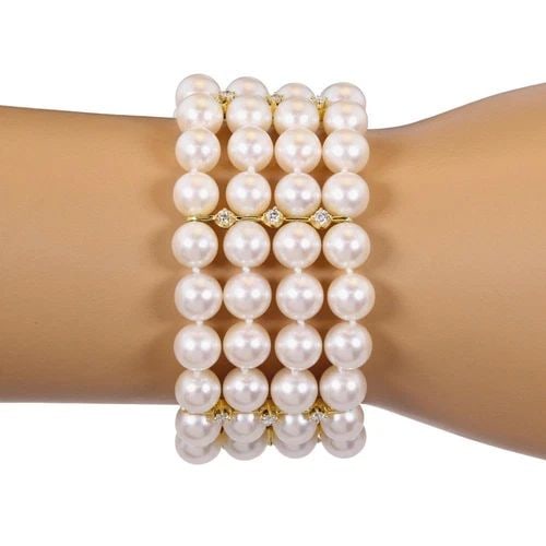 18K YELLOW GOLD 1 CARAT DIAMOND 4 STRAND 7MM PEARL BRACELET (1 of 2)