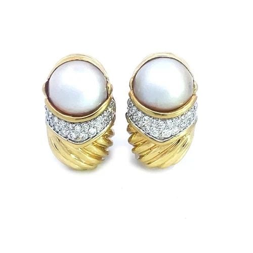 DAVID YURMAN GOLD DIAMOND EARRINGS PEARLS 18K YELLOW CABLE HUGGIE STYLE (1 of 2)