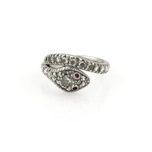 DIAMOND PLATINUM RING 1.11CT ROSE CUT SNAKE BYPASS VINTAGE SIZE 6: DIAMOND PLATINUM RING 1.11CT ROSE CUT SNAKE BYPASS VINTAGE SIZE 6 This Diamond Platinum Ring features rose cut diamond along a snake bypass design, exuding a vintage charm with a touch of elegance. Th