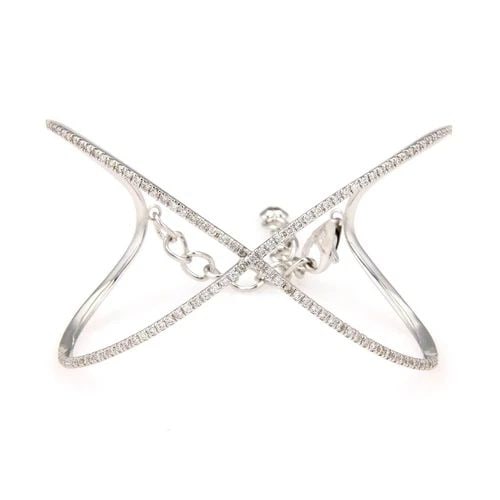 DIAMOND GOLD X BRACELET 1.50CT 14K WHITE PAVE SET CROSSOVER BANGLE: DIAMOND GOLD X BRACELET 1.50CT 14K WHITE PAVE SET CROSSOVER BANGLE The chic eye-catching bracelet is a luxurious piece of fine jewelry featuring oval link chain attached to a large X crossover style b