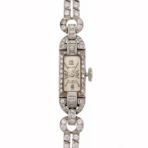 ART DECO BRICHOT 2.5CT DIAMOND PLATINUM SILVER MANUAL LADIES WRISTWATCH: ART DECO BRICHOT 2.5CT DIAMOND PLATINUM SILVER MANUAL LADIES WRISTWATCH Art Deco Brichot 2.5ct Diamond Platinum Silver Manual Ladies Wristwatch Description This vintage Brichot women's wristwatch is c