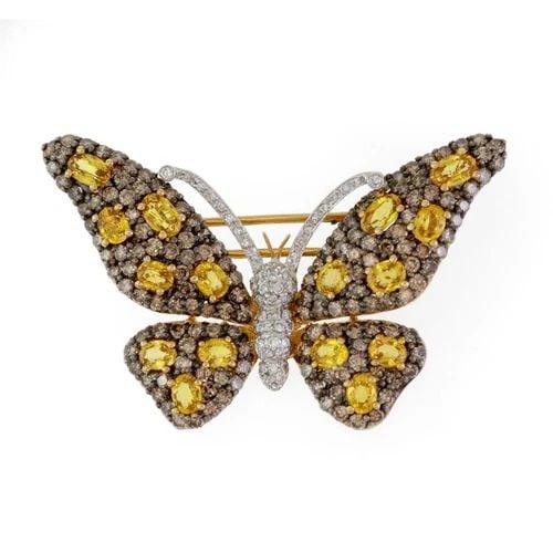 CHAMPAGNE WHITE DIAMOND YELLOW SAPPHIRE 18K GOLD BUTTERFLY PENDANT PIN (1 of 2)